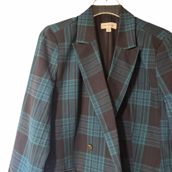 Free Assembly Green Black Plaid Double Breasted Blazer Jacket Gold Button Women - Picture 4 of 8